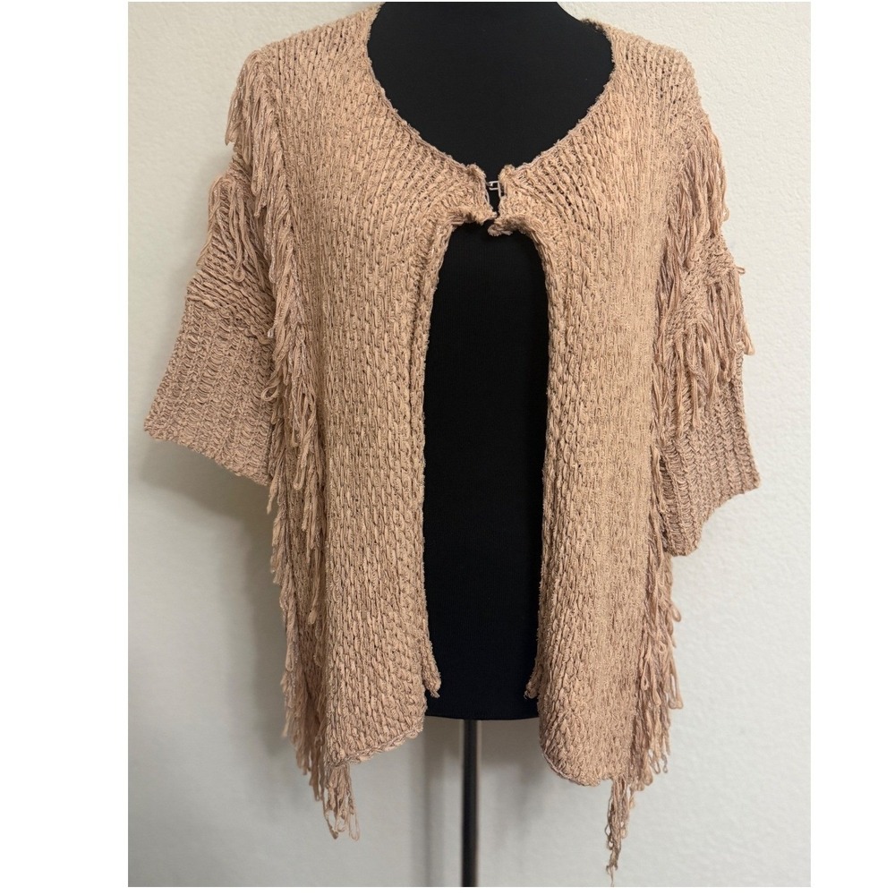 Lauren Vidal Tan Open Knit Fringe Cardigan‎ Shrug Made in Italy Women's  Small